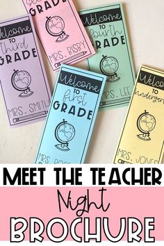 three books with the title meet the teacher night brochure