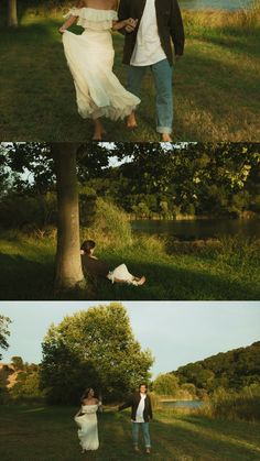 two people are walking in the grass near trees