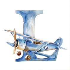 an airplane painted in watercolor with the letter i on it's nose and wings