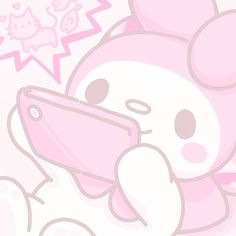 a pink hello kitty wallpaper with an animal holding a cell phone in it's hand