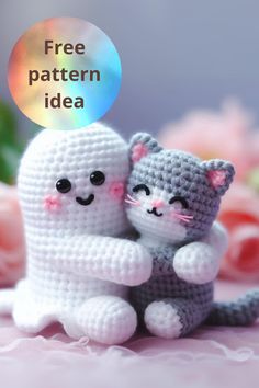 two crocheted cats sitting next to each other with the caption free pattern idea