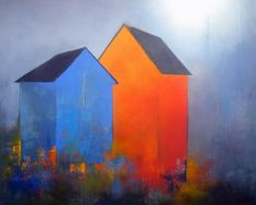 an abstract painting of three colorful buildings on a gray background with the sun behind them