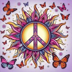 a peace sign surrounded by butterflies on a purple background with yellow and pink colors in the center