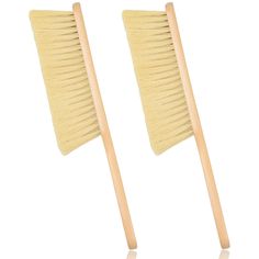 two wooden tooth brushes are shown on a white background, one is yellow and the other is light brown