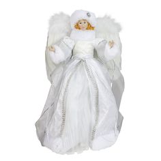 an angel doll with white wings and dress