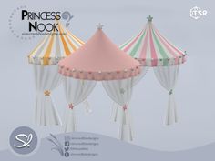 three circus tents with white curtains and stars on the top one tent is pink, green, yellow and white