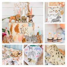 a collage of photos with different animals and cakes on top of each one, including giraffes