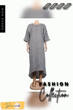 Striped 3/4 Sleeve V Neck Loose Casual Maxi Shirt Dress Casual Half-sleeve Shirt Dress For Beach, Casual Half Sleeve Shirt Dress For Beach, Casual White Half Sleeve Shirt Dress, White Casual Maxi Dress With 3/4 Sleeves, Casual White Maxi Dress With 3/4 Sleeves, Half Sleeve Shirt Dress For Summer Beach, Casual Oversized Half-sleeve Dress, Oversized Half Sleeve Casual Dress, Casual Oversized Half Sleeve Dress