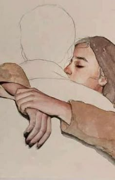 a drawing of a woman with her arm wrapped around another woman's head