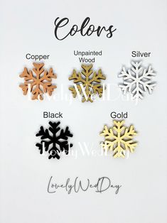 four snowflakes are shown in different colors and sizes, with the words below them