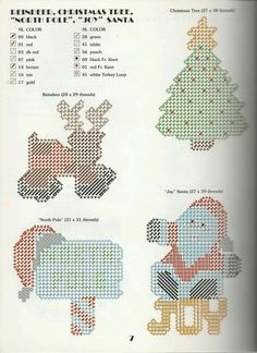 the cross stitch christmas tree is shown in different colors and sizes, as well as instructions for