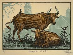 an image of two horned animals in the grass with birds on their backs and buildings in the background