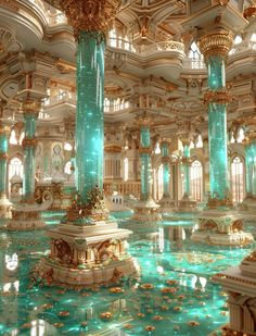 the interior of a fancy building with gold and green decorations on the walls, flooring and columns