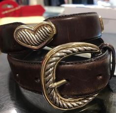 "1990s vintage brown leather fossil belt adorned with silver and gold hearts and squares. This beauty is in great shape  30\"x1\"" Vintage Brown Belt As Gift, Vintage Brown Belt As A Gift, Vintage Brown Belt For Gift, Braided Leather Belt, Pensacola Fl, Gold Hearts, Belt Brown, Platform Mary Janes, Leather Belts Men