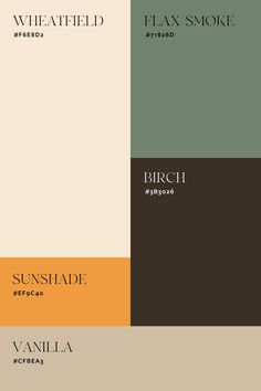 four different shades of brown, green and beige with the words sundae written in black