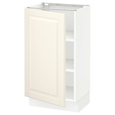 a white cabinet with doors and shelves on the front is shown against a white background