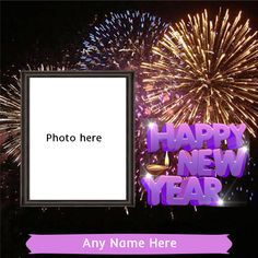 a happy new year photo frame with fireworks in the background