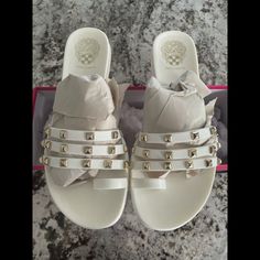 Nib Vince Camuto Studded Elishenta Slip On Sandals Size 8 White Color White Sandals With Studded Rubber Outsoles For Spring, White Studded Open Toe Sandals, Tie Up Flats, Block Sandals, Ankle Sandals, Rhinestone Sandals, Bootie Sandals, Black Stilettos, Slip On Sandals