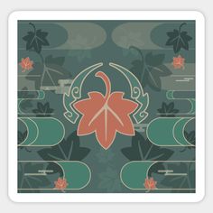 an art deco poster with leaves and swirls in green, orange, and red