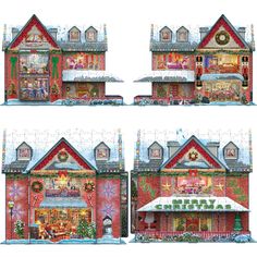 three different views of a building with christmas decorations on the front and side windows,