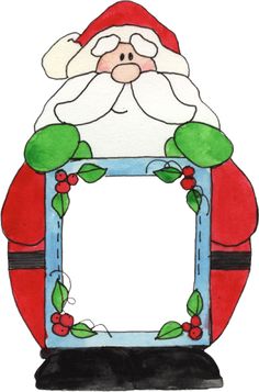 a drawing of santa claus in a frame with holly wreaths and berries on it