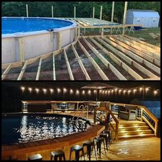 an above ground swimming pool with steps leading up to the deck and below it, there is a man standing on stairs