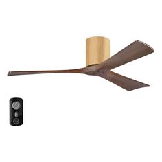 a ceiling fan with two remote controls and a wooden stick on the wall next to it