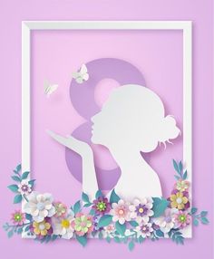 the silhouette of a woman with flowers in front of a purple background and white frame