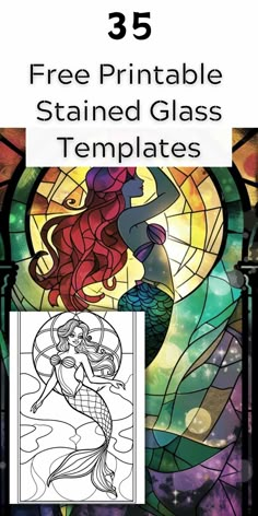 the mermaid stained glass coloring book is shown in three different colors and features an image of a