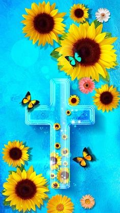 a cross surrounded by sunflowers and butterflies on a blue background with water droplets