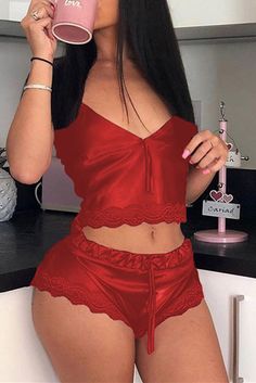 Red Sexy Living Solid Backless Sleepwear Nuni Dior, Gigi Life, Silk Loungewear, Hot Lingerie, Lace Cami Top, Lingerie Outfits, Tie Dye Long Sleeve, Satin Pajamas, Todays Outfit