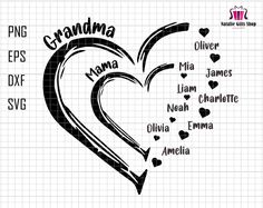 a heart shaped frame with the words grandma and other names in black ink on a white background