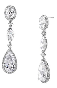 Accessorize in dazzling style with these hand-polished drop earrings set with sparkling crystals and plated in rhodium or 18-karat gold. 1 3/4" drop; 3/8" width 18k-gold plate or rhodium plate/cubic zirconia Imported Silver Wedding Earrings, Small Drop Earrings, Front Back Earrings, Bony Levy, Jewelry Styles, Disc Earrings, Beaded Drop Earrings, Crystal Drop Earrings, Crystal Drop