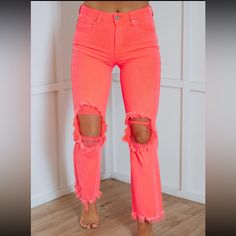 Brand New With Tags Size 0/24 Last One These Super Cute High Waisted Neon Bright Coral Distressed Jeans Have Straight Legs And Have A Traditional Five Pocket Design. Fabric: 92% Cotton, 6% Polyester, 2% Spandex Rise: 10.75" Inseam: 28" True To Size- If In Between Sizes Size Up! Neon Jeans, Fit Checks, All Jeans, Cropped Flare Jeans, Neon Coral, Women Rising, Cropped Flares, Design Fabric, Orange Pink