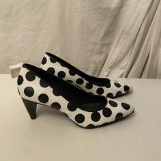 Logo Black & White Leather Polka Dot Low Heel Pumps Size 7 Nwt Polka Dot Heels For Formal Occasions, Chic Polka Dot Heels With Round Toe, Polka Dot Pointed Toe Summer Heels, Polka Dot Round Toe Heels For Evening, Polka Dot Heels With Round Toe For Evening, Summer Polka Dot Pattern Pointed Toe Heels, Chic Polka Dot Heels For Spring, Summer Formal Polka Dot Heels, Black And White Round Toe Heels For Spring