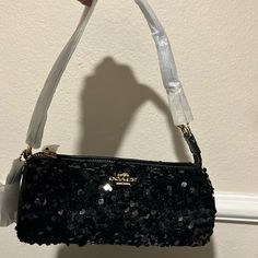 Beautiful Coach Barrel Bag New With Tags. Please Post Any Questions You May Have And Check My Closet For Additional Items In The Coordination Coach Sets! Black Evening Bags With Sequins, Luxury Black Sequined Bags, Black Sequined Bags For Formal Occasions, Formal Black Bag With Sequins, Formal Black Sequin Bag, Black Sequin Clutch Bag, Silver Coach Shoulder Bag For Evening, Black Bags With Silver-tone Hardware, Black Bags With Silver-tone Hardware For Events