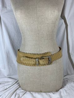 "You are looking at a genuine leather belt by Leatherock USA. Belt is size medium and measures 39\"6 long, 1\"5 wide and buckle measures 2\"7 widest. The condition of this belt is good with great detail, aged silver tone hardware and lovely stitching. There are a few light scuffs on suede but are minor. 100% genuine Leatherock made in USA. I want to stress that item is vintage which means it's not new. All my customers are very important to me and I believe communication is very important. I do Beige Leather Belt With Removable Feature, Beige Leather Belt With Removable Buckle, Beige Leather Belt, Genuine Leather Belt, Suspender Belt, Suspenders, Leather Belt, Burlap Bag, Made In Usa