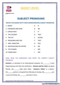 the subject pronouns worksheet is shown in this image, and it includes