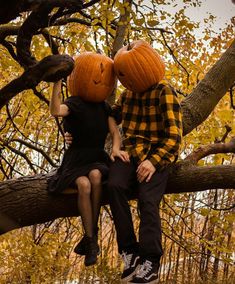 two people sitting in a tree with pumpkin heads on their heads