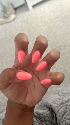 Solid Color Nail Inspiration, Coral Pink Acrylic Nails, Preppy Nails Solid Colors, Birthday Nails Preppy, Almond Coral Nails, Pinky Coral Nails, Short Sharp Almond Nails, Almond Nails Peach, Square Nails Ideas Summer