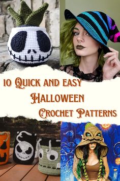 crochet halloween hats with text overlay that reads, 10 quick and easy halloween crochet patterns