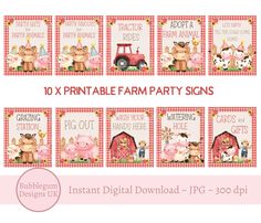 printable farm party signs with farm animals, pigs and cows on red checkered background