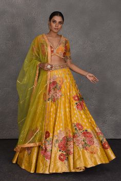 Look your best on wedding occasions like haldi and mehendi in this beautiful yellow Banarasi floral lehenga. It comes with a green net dupatta. Yellow Anarkali Choli With Sheer Dupatta, Yellow Dola Silk Traditional Wear With Meenakari, Traditional Yellow Choli With Meenakari, Yellow Meenakari Dupatta For Diwali, Yellow Traditional Wear With Meenakari For Wedding, Yellow Art Silk Lehenga With Cutdana, Traditional Yellow Lehenga With Sheer Dupatta, Yellow Dola Silk Lehenga For Festivals, Yellow Semi-stitched Choli With Sheer Dupatta