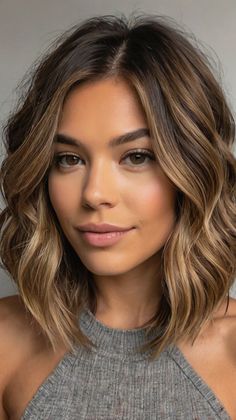 Lob Haircuts with Balayage Brunette Haircuts, Haircuts With Balayage, Angled Lob, Brunette Hair Cuts, Lob Haircuts, Chic Hairstyle, Haute Hair, Braided Styles, Lob Haircut