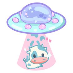 a cartoon cow with an alien like head in front of a pink and blue background