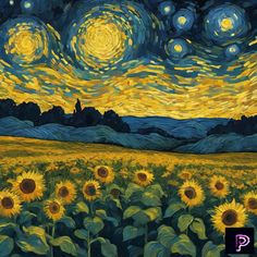 a painting of sunflowers and the night sky