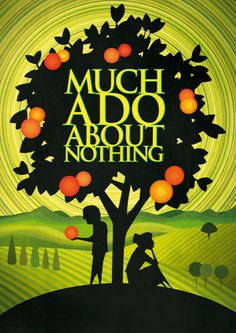 the poster for much ado about nothing, featuring an apple tree and two people