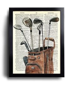 an old book page with golf clubs in a bag