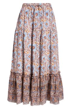 A boho floral print artfully covers this tiered maxi skirt made from an airy cotton blend and topped with a comfy elasticized drawstring waist. 33 1/2" length (size 8) Elastic/drawstring waist Side-seam pockets 70% cotton, 30% viscose Dry clean Imported Bohemian Flowy Maxi Skirt With Floral Print, Tiered Floral Print Flowy Maxi Skirt, Tiered Flowy Floral Maxi Skirt, Tiered Floral Print Maxi Skirt, Boho Print Tiered Maxi Skirt For Vacation, Vacation Tiered Maxi Skirt With Boho Print, Vacation Boho Print Tiered Maxi Skirt, Casual Tiered Maxi Skirt With Floral Print, Tiered Boho Print Maxi Skirt For Vacation