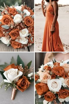 wedding bouquets with orange and white flowers are arranged in four different pictures, including the bride's bouquet